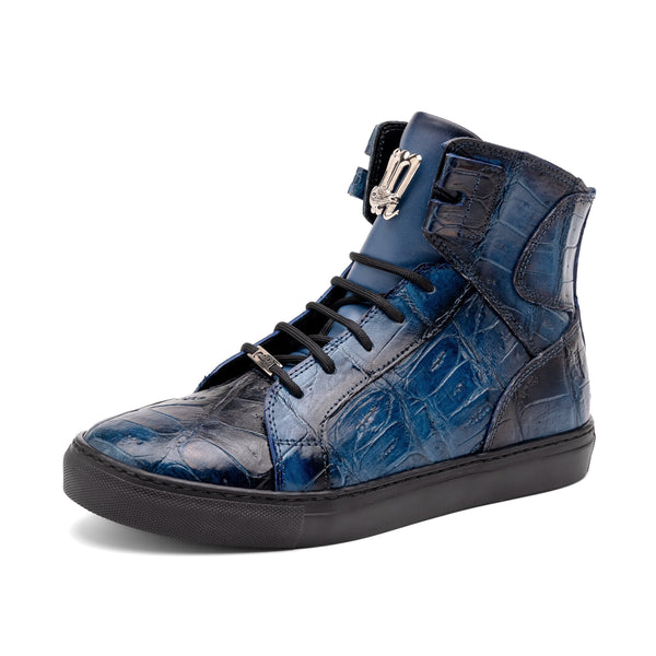 Mauri 6129-1 Men's Shoes Blue with Black Finished Exotic Crocodile / Nappa Leather High-Top Sneakers (MA5573)-AmbrogioShoes