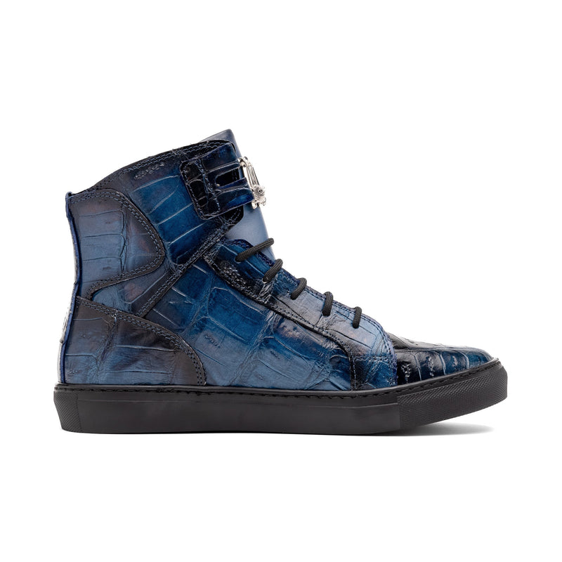 Mauri 6129-1 Men's Shoes Blue with Black Finished Exotic Crocodile / Nappa Leather High-Top Sneakers (MA5573)-AmbrogioShoes