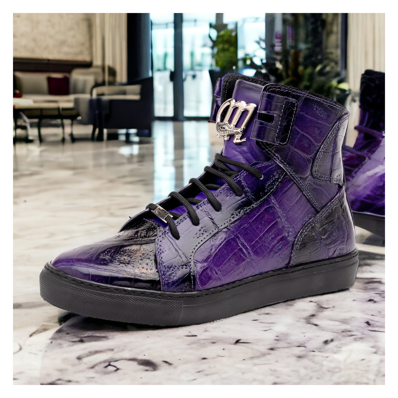 Mauri Golden Boy 6129-1 Men's Shoes New Grape with Black Finished Exotic Crocodile / Nappa Leather High-Top Sneakers (MA5574)-AmbrogioShoes