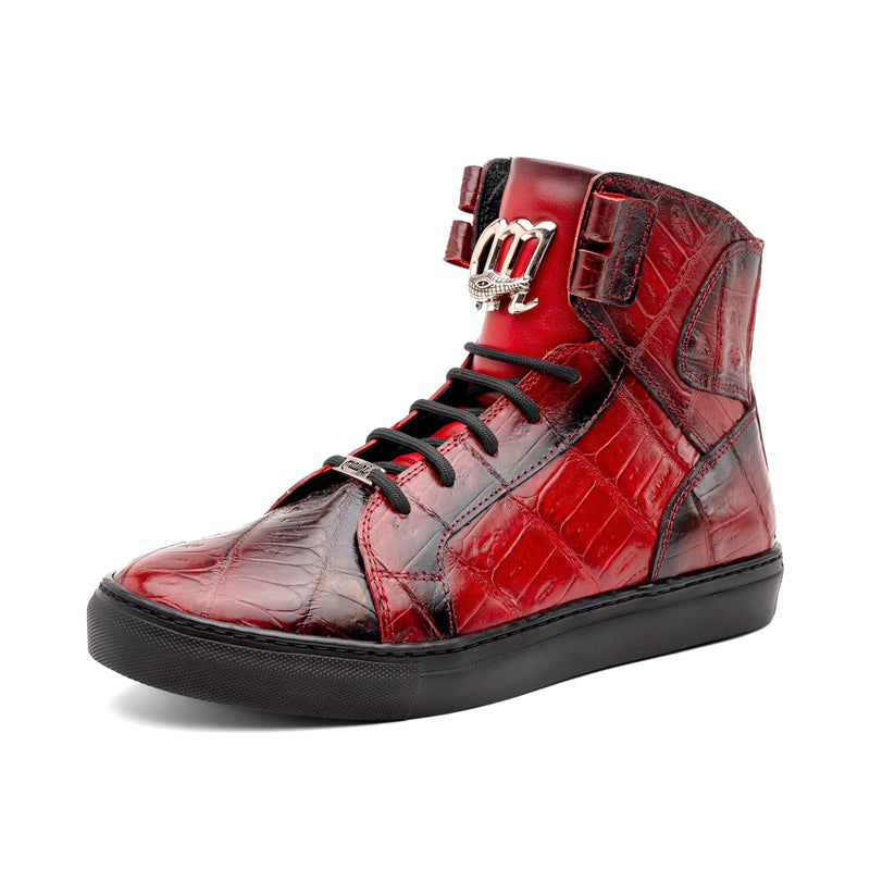 Mauri 6129-1 Men's Shoes Red with Black Finished Exotic Crocodile / Nappa Leather High-Top Sneakers (MA5575)-AmbrogioShoes