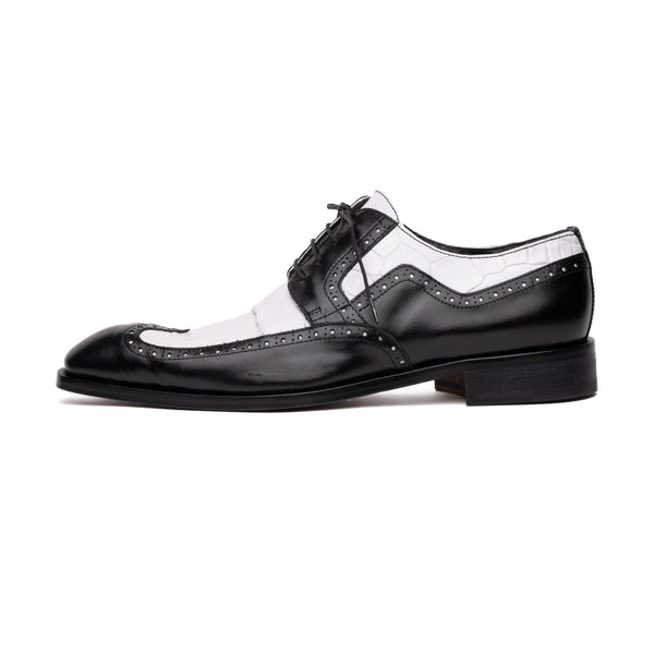 Mauri Goodfella 3258 Men's Shoes Black & White Exotic Alligator / Calf-Skin Leather Wing-tip Derby Oxfords (MA5600)-AmbrogioShoes