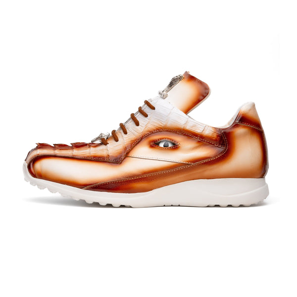 Mauri Hazard 8596/4 Men's Shoes White with Cognac Finished Exotic Hornback / Nappa Leather Casual Sneakers (MA5594)-AmbrogioShoes