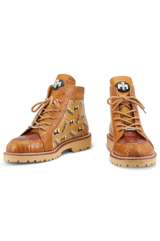Mauri Highlander 4994 Mustard Brown Exotic Ostrich Leg / Crocodile / Calf-Skin Leather Boots (MA5503)-AmbrogioShoes