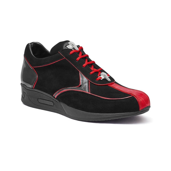 Mauri Jackpot M791 Men's Shoes Black & Red Exotic Caiman Crocodile / Suede / Patent Leather Sneakers (MA5347)-AmbrogioShoes