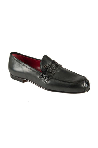 Mauri Men's Designer Shoes Black Exotic Crocodile /Calf-Skin Leather Penny Loafers 4889 (MAO1029) (Made to Order)-AmbrogioShoes