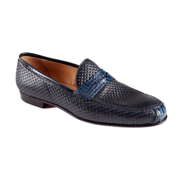 Mauri Men's Shoes Blue Navy Exotic Caiman Crocodile / Texture Print Calf-Skin Leather Penny Loafers 4893 (MAO1032)-AmbrogioShoes