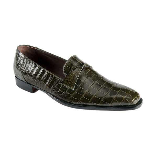 Mauri Men's Shoes Green Olive Exotic Alligator Penny Loafers 3027 (MAO1020)-AmbrogioShoes