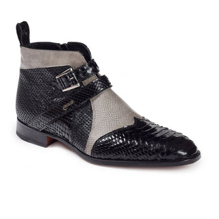 Mauri Men's Shoes Bellini Black & Grey Snake, Lizard & Ostrich Boots Art 4828 (MA4640) (Special Order)-AmbrogioShoes