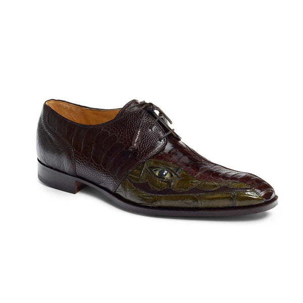 Mauri Men's Shoes Brown & Green Exotic Ostrich Leg & Caiman Crocodile Oxfords 4787 (MA4510)(Special Order)-AmbrogioShoes