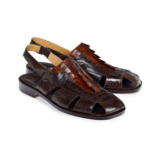 Mauri Men's Shoes Brown Ostrich & Hornback Alligator Dark Sandals 1867 (MA4501) (Special Order)-AmbrogioShoes