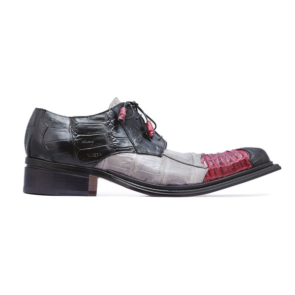 Mauri Piave 44207 Men's Shoes Black / Ruby Red / Gray Exotic Caiman Crocodile / Hornback Derby Oxfords (MA5257)-AmbrogioShoes