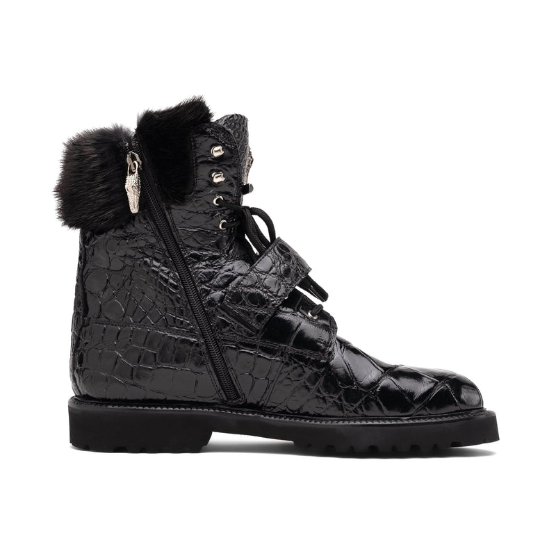 Mauri 4949-3 Men's Shoes Black Exotic Alligator / Mink / Nappa Leather Strap Derby Boots (MA5584)-AmbrogioShoes