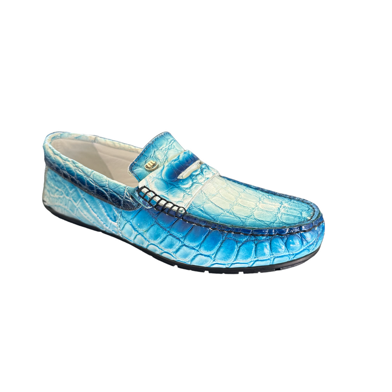 Mauri Sprinter 3517/1 Men's Shoes White with "Dirty" Blue Finish Exotic Alligator Driver Moccasins Loafers (MA5550)-AmbrogioShoes