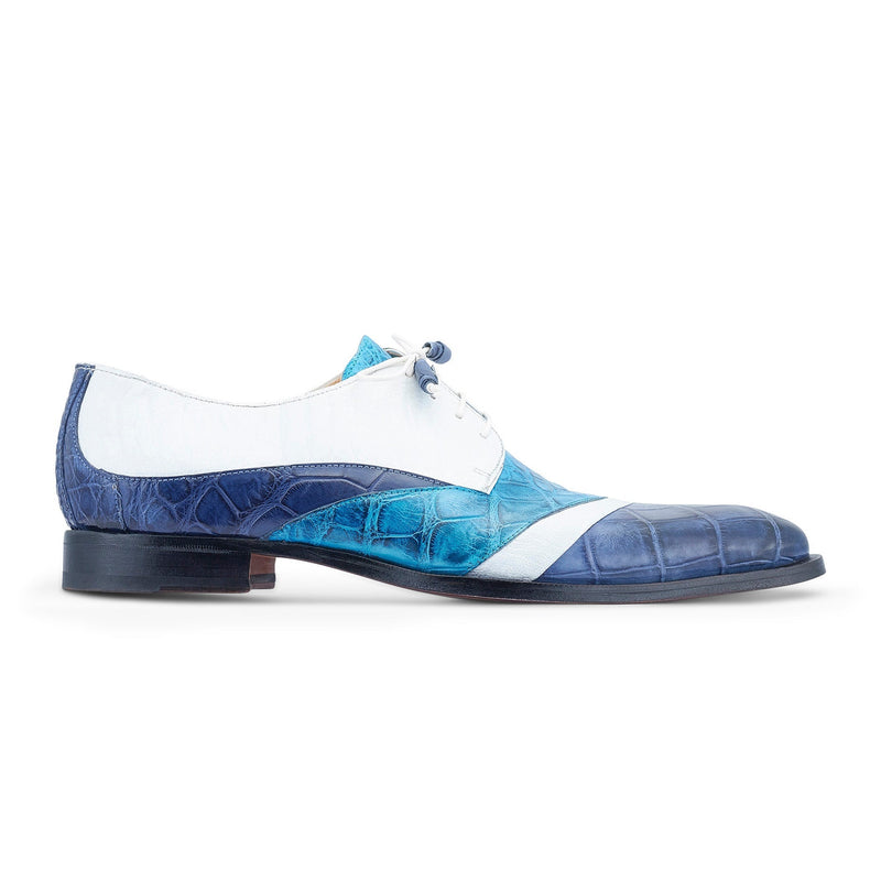 Mauri Swag 3064 Men's Shoes Caribbean Blue, White & Azure Exotic Alligator / Ostrich Leg Derby Oxfords (MA5529)-AmbrogioShoes