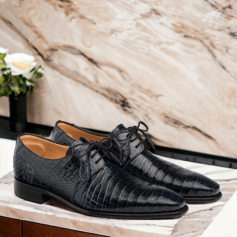Mezlan 4574-J Moscow Men's Designer Shoes Dark Blue Alligator Plain Toe Oxfords (MZS3181)-AmbrogioShoes