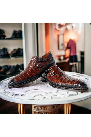 Mezlan 4990-F Sport Brown Exotic Crocodile-Skin Double Monk-Straps Loafers (MZ3671)-AmbrogioShoes