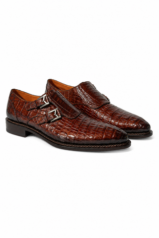Mezlan 4990-F Sport Brown Exotic Crocodile-Skin Double Monk-Straps Loafers (MZ3671)-AmbrogioShoes