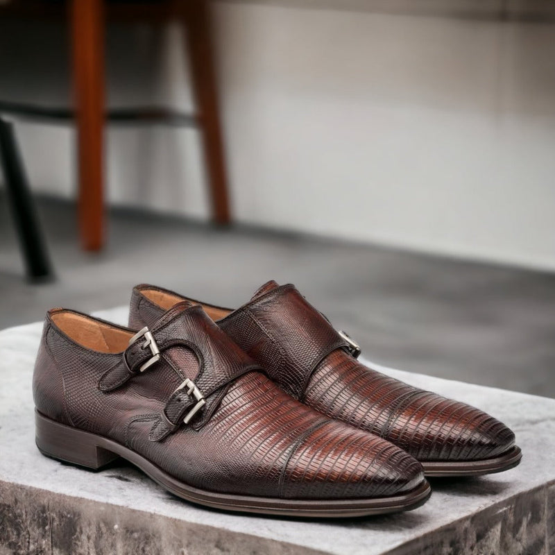 Mezlan Argentum Men's Shoes Cognac Exotic Lizard-Skin Cap-Toe Monk-Straps Loafers (MZS3195)-AmbrogioShoes