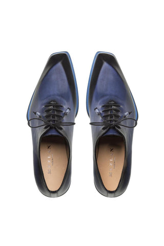 Mezlan Navy Asymmetrical Patina Leather Plain Oxfords (MZ3351)-AmbrogioShoes
