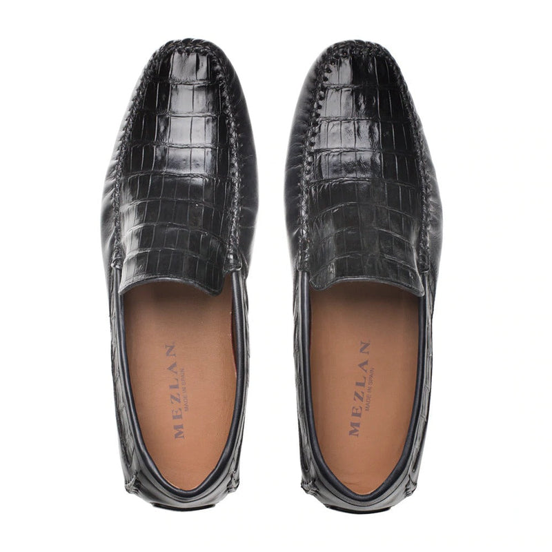 Mezlan RX7347-F Men's Shoes Black Exotic Crocodile / Calf-Skin Leather Driver Moccasin Loafers (MZ3469)-AmbrogioShoes