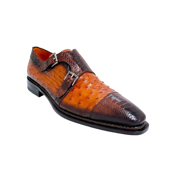Mezlan SX4957-SP Men's Shoes Brown & Brandy Exotic Ostrich / Lizard Double Monk-Straps Loafers (MZ3679)-AmbrogioShoes