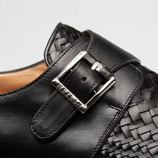Mezlan Temi 21069 Men's Shoes Black Woven / Calf-Skin Leather Single Monk-Strap Loafers (MZ3742)-AmbrogioShoes