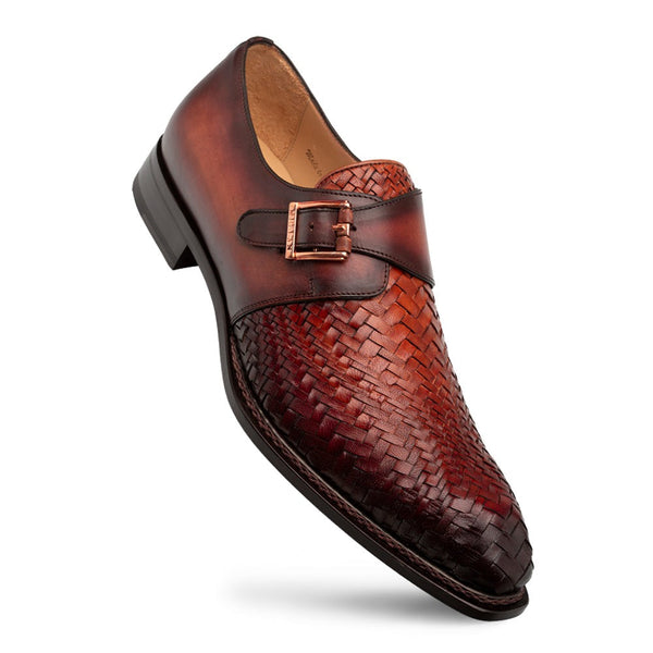 Mezlan Temi 21069 Men's Shoes Cognac & Rust Woven / Calf-Skin Leather Single Monk-Strap Loafers (MZ3741)-AmbrogioShoes