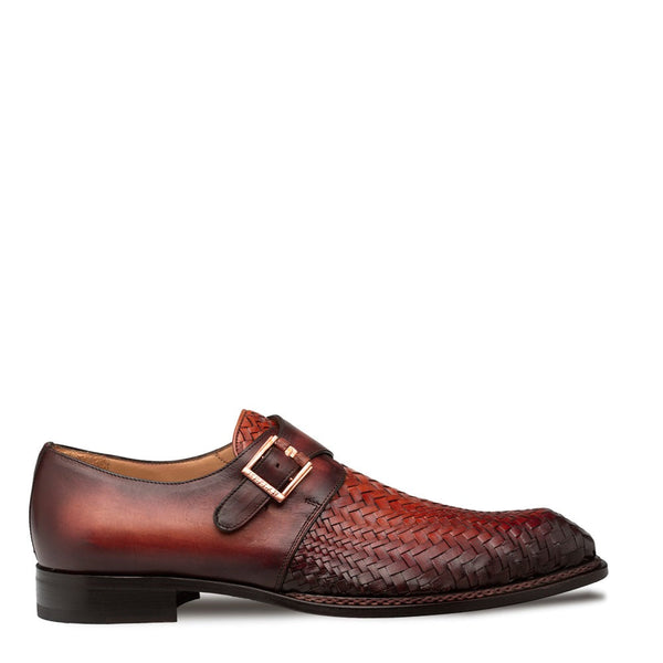 Mezlan Temi 21069 Men's Shoes Cognac & Rust Woven / Calf-Skin Leather Single Monk-Strap Loafers (MZ3741)-AmbrogioShoes