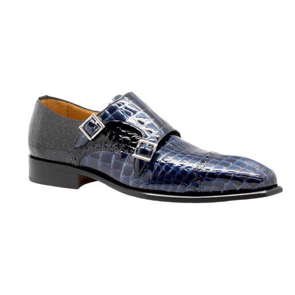 Mister Baga 40418 Men's Shoes Azure Blue Crocodile Print Leather Monk-Straps Loafers (MIS1123)-AmbrogioShoes
