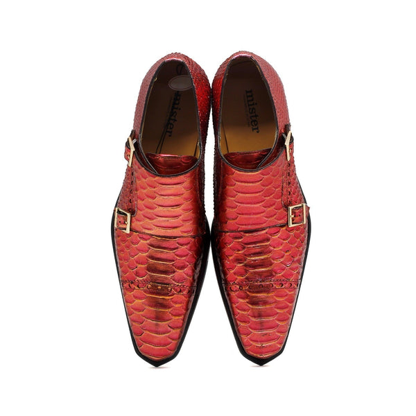 Mister Cardo 40418 Men's Shoes Red Snake Print Monk-Straps Loafers (MIS1127)-AmbrogioShoes
