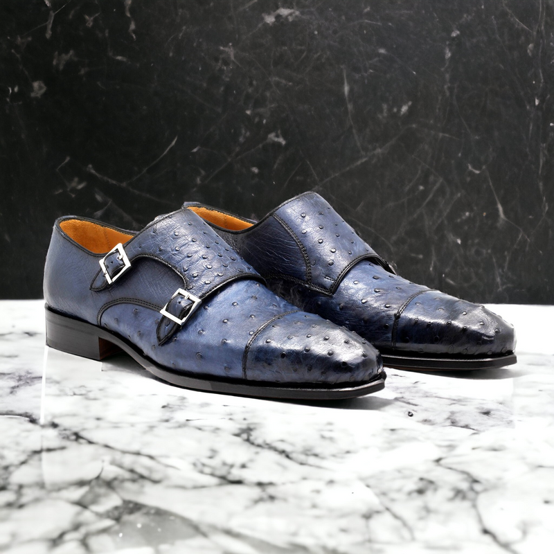 Mister Piles 40415 Men's Shoes Azure Blue Exotic Ostrich-Skin Monk-Straps Loafers (MIS1144)-AmbrogioShoes