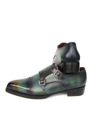 Paul Parkman 2598-5BG Green & Blue Hand-Painted Leather Cap Toe Double Monkstraps Loafers (PM6395)-AmbrogioShoes