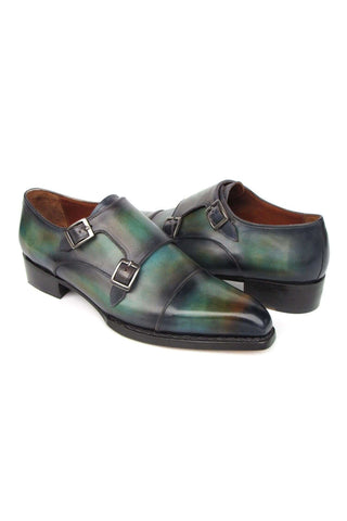 Paul Parkman 2598-5BG Green & Blue Hand-Painted Leather Cap Toe Double Monkstraps Loafers (PM6395)-AmbrogioShoes