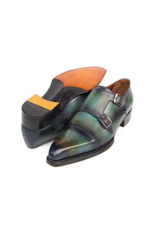 Paul Parkman 2598-5BG Green & Blue Hand-Painted Leather Cap Toe Double Monkstraps Loafers (PM6395)-AmbrogioShoes