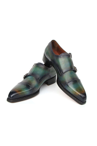 Paul Parkman 2598-5BG Green & Blue Hand-Painted Leather Cap Toe Double Monkstraps Loafers (PM6395)-AmbrogioShoes
