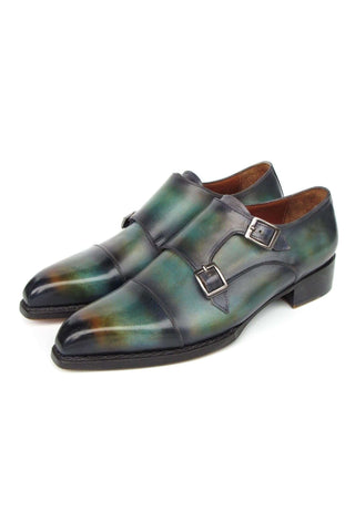 Paul Parkman 2598-5BG Green & Blue Hand-Painted Leather Cap Toe Double Monkstraps Loafers (PM6395)-AmbrogioShoes