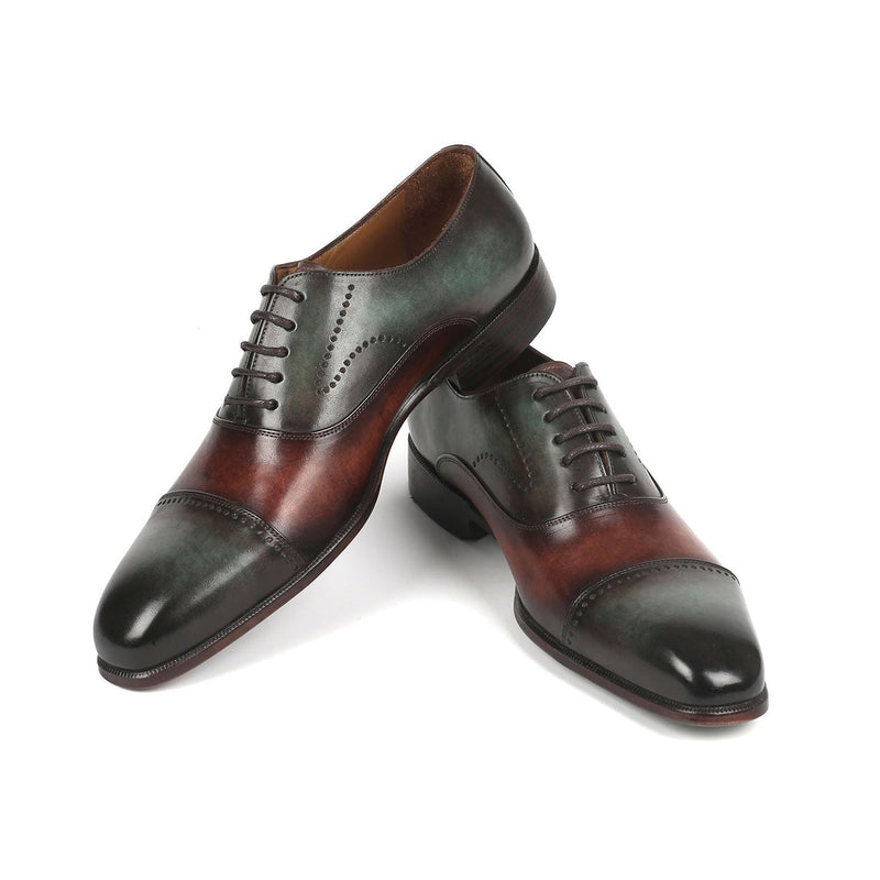 Paul Parkman 314-GRNBRW Men's Shoes Green & Brown Calf-Skin Leather Dress Cap-Toe Oxfords (PM6337)-AmbrogioShoes