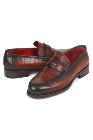 Paul Parkman 3857-BRW Brown Crocodile Print Leather Penny Loafers (PM6336)-AmbrogioShoes