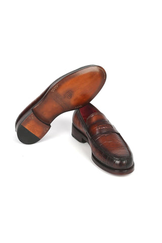 Paul Parkman 3857-BRW Brown Crocodile Print Leather Penny Loafers (PM6336)