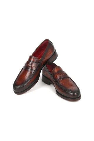 Paul Parkman 3857-BRW Brown Crocodile Print Leather Penny Loafers (PM6336)