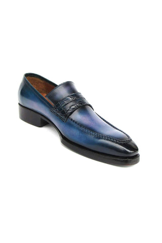 Paul Parkman 6944-BLU Blue Hand-Painted Leather Goodyear Welted Patina Penny Loafers (PM6397)-AmbrogioShoes