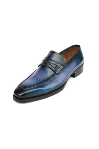 Paul Parkman 6944-BLU Blue Hand-Painted Leather Goodyear Welted Patina Penny Loafers (PM6397)-AmbrogioShoes