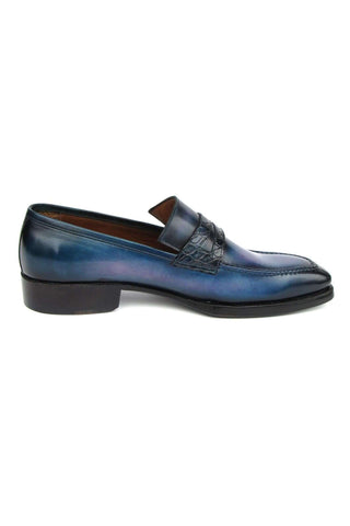 Paul Parkman 6944-BLU Blue Hand-Painted Leather Goodyear Welted Patina Penny Loafers (PM6397)-AmbrogioShoes
