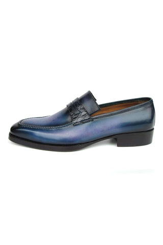 Paul Parkman 6944-BLU Blue Hand-Painted Leather Goodyear Welted Patina Penny Loafers (PM6397)-AmbrogioShoes