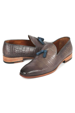 Paul Parkman 745GRY96 Gray Crocodile Embossed Leather Tassels Loafers (PM6332)-AmbrogioShoes