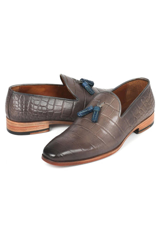 Paul Parkman 745GRY96 Men's Handmade Shoes Gray Crocodile Embossed Leather Tassels Loafers (PM6332)-AmbrogioShoes