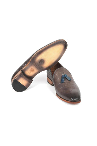 Paul Parkman 745GRY96 Men's Handmade Shoes Gray Crocodile Embossed Leather Tassels Loafers (PM6332)-AmbrogioShoes