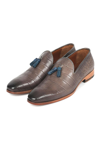 Paul Parkman 745GRY96 Men's Handmade Shoes Gray Crocodile Embossed Leather Tassels Loafers (PM6332)-AmbrogioShoes