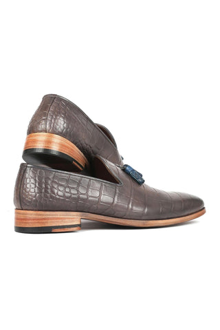 Paul Parkman 745GRY96 Men's Handmade Shoes Gray Crocodile Print Leather Tassels Loafers (PM6332)-AmbrogioShoes