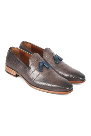 Paul Parkman 745GRY96 Men's Handmade Shoes Gray Crocodile Print Leather Tassels Loafers (PM6332)-AmbrogioShoes